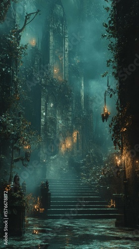 Stone Stairway Leading to a Mysterious Overgrown Structure in Fog