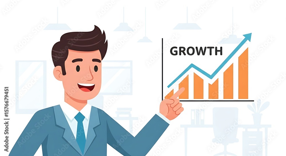 Flat cartoon businessman pointing at a growth chart, success and business strategy concept. Flat cartoon businessman pointing at a growth chart, success and business strategy concept.