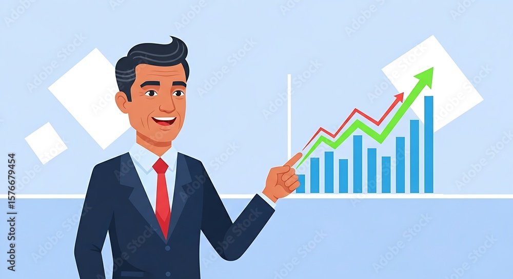 Flat cartoon businessman pointing at a growth chart, success and business strategy concept. Flat cartoon businessman pointing at a growth chart, success and business strategy concept.