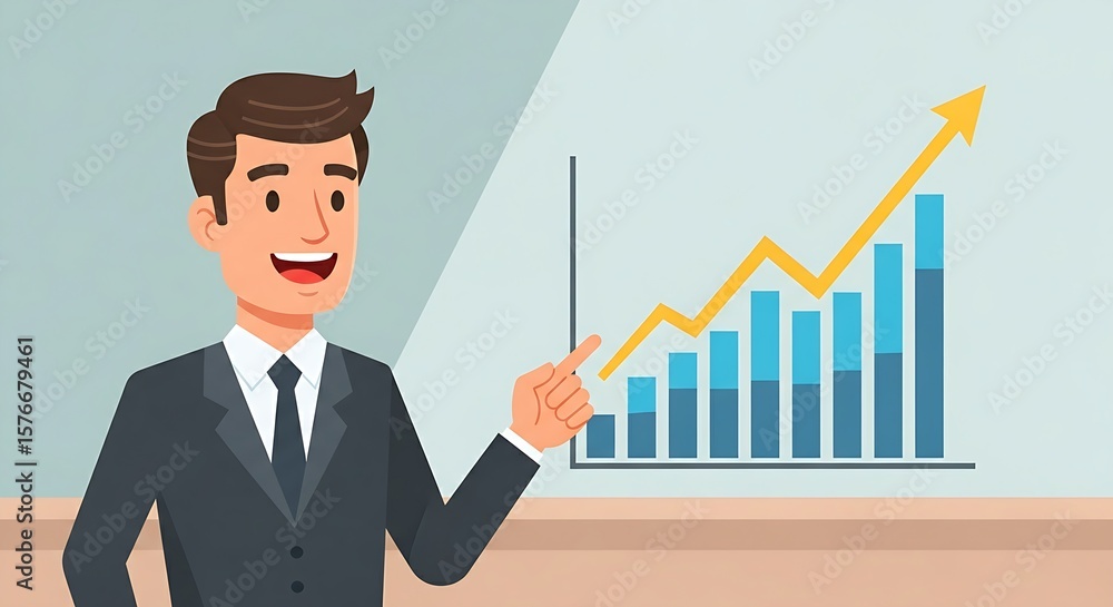 Flat cartoon businessman pointing at a growth chart, success and business strategy concept. Flat cartoon businessman pointing at a growth chart, success and business strategy concept.