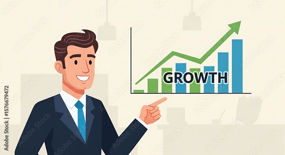 Flat cartoon businessman pointing at a growth chart, success and business strategy concept. Flat cartoon businessman pointing at a growth chart, success and business strategy concept.
