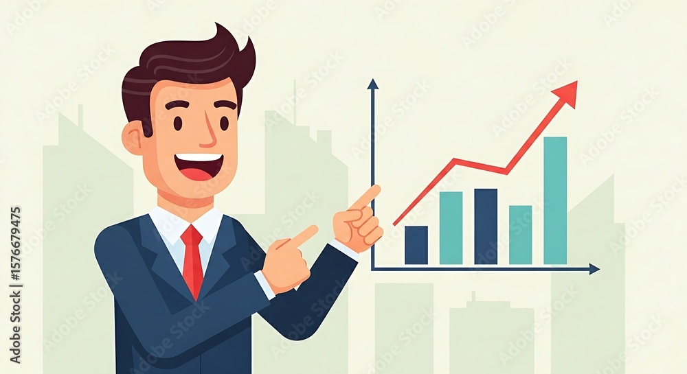 Flat cartoon businessman pointing at a growth chart, success and business strategy concept. Flat cartoon businessman pointing at a growth chart, success and business strategy concept.