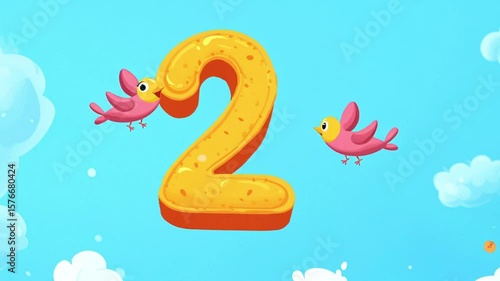 Animated Number Two with Pink Birds in a Bright Blue Sky