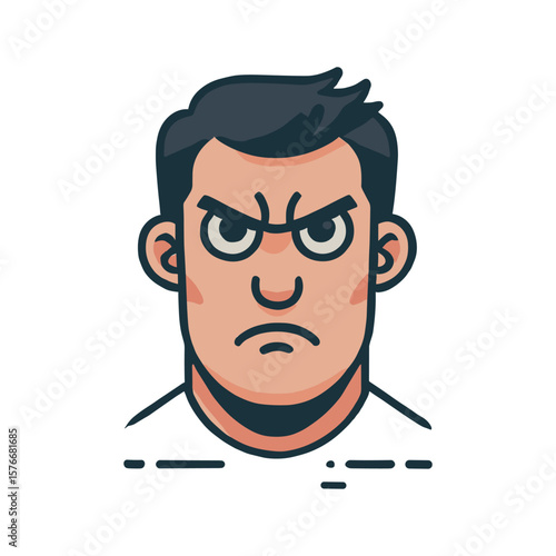 cartoon of an annoyed male character with piercing eyes in a white background