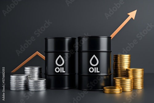 oil barrels rising prices fuel cost energy market gold coins silver coins financial growth economy investment crude oil petroleum black barrels upward arrow business finance background concept
