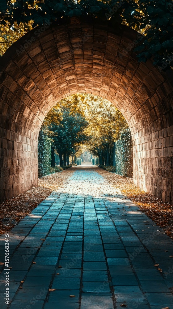 Fototapeta premium Walking Through Stone Archway in Autumn with Fallen Leaves