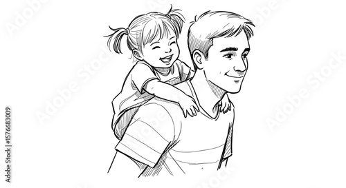 Happy daughter on her father's back, black and white ink sketch vector illustration, concept of family love, Parents' Day, Father's Day