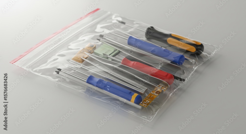 A clear plastic bag showing a clear plastic bag with electronics repair tools like mini screwdrivers and tweezers A clear plastic bag showing a clear plastic bag with electronics repair tools like mini screwdrivers and tweezers