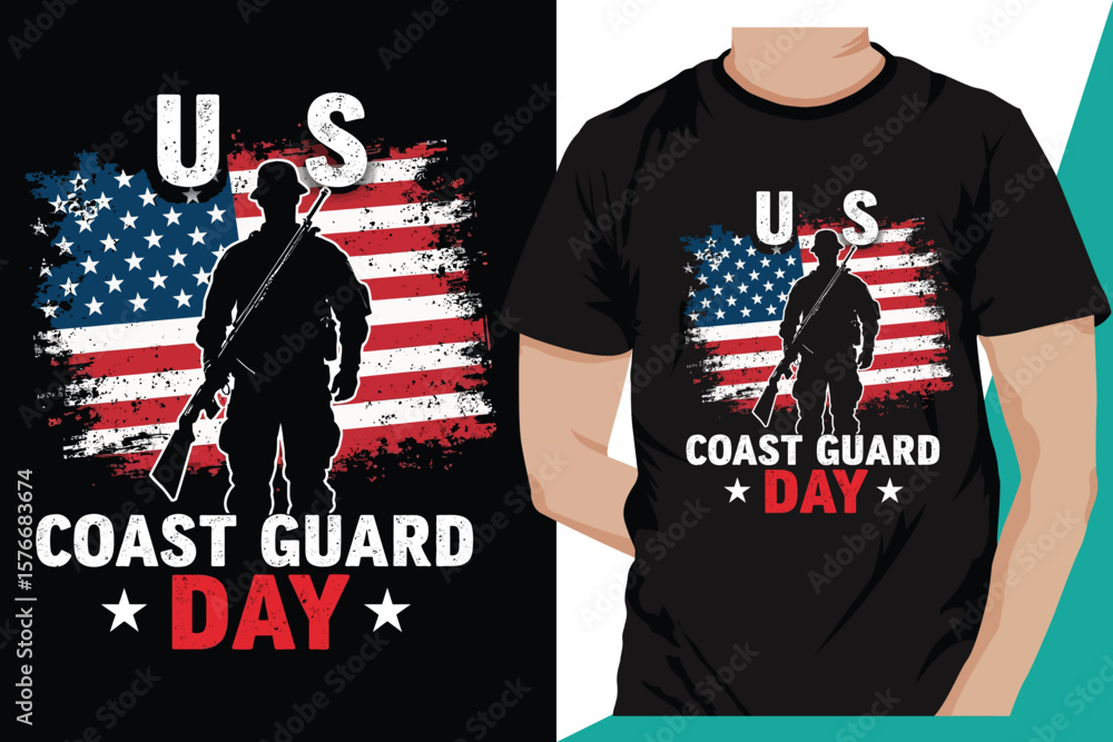 Obraz premium U S Coast Guard Day Patriotic T Shirt Design with Soldier Silhouette and American Flag