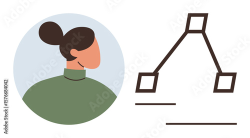 Womans profile in circular frame next to basic triangular diagram. Ideal for teamwork, organization, communication, decision-making, leadership, design thinking, and education concepts. Simple flat