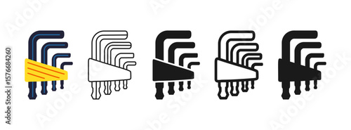 Hex allen wrench key icon symbol set. Classic hex wrench repair tool builder mechanic, plumber. Construction mechanical maintain metal tool sign professional stylized cartoon vector illustration