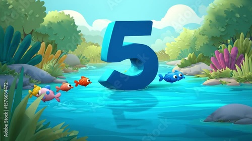 Cartoon Number Five Floating on a River with Colorful Fish