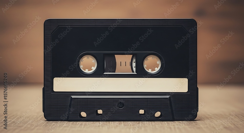 Obraz premium A close-up shot of a black audio cassette tape with a white label, set against a wooden background.