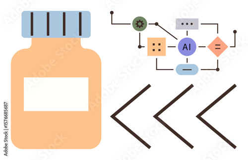 Large pill bottle paired with an AI network diagram and arrows symbolizing progress. Ideal for healthcare, pharmaceuticals, AI technology, innovation, research, development, automation, simple flat