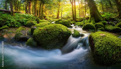 adorable serene peaceful setting of the lush moss covered forest enhanced by adorable gentle flow of the babbling brook creating the calming relaxing environment with its soothing sounds