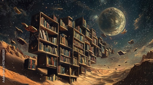Floating library shelves in a desert cosmic landscape.