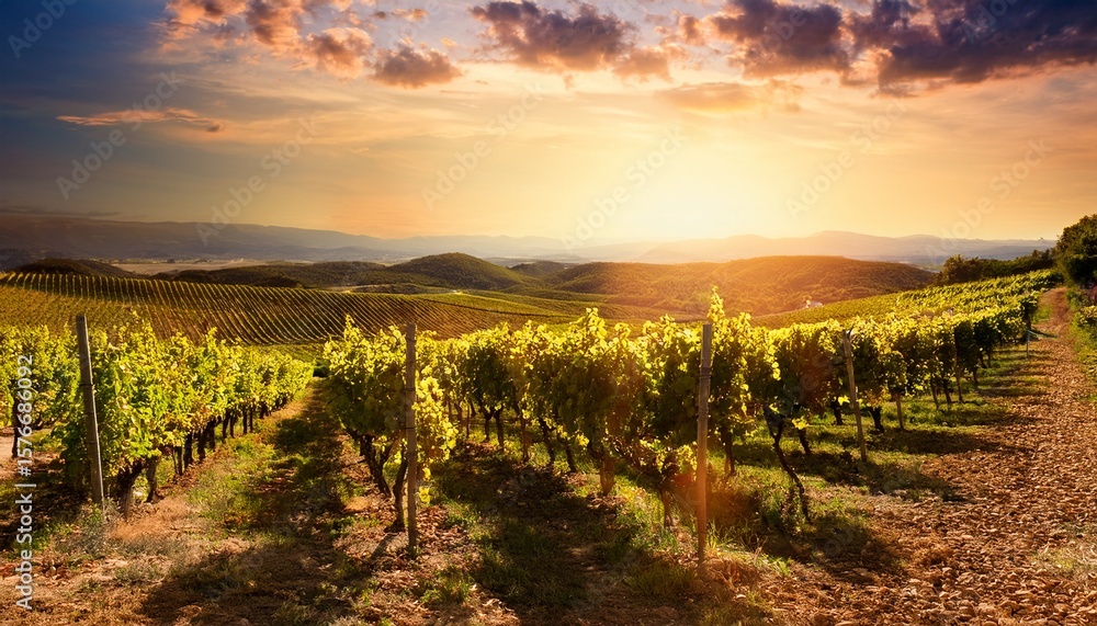 Naklejka premium a picturesque vineyard with rows of grapevines under a golden sunset