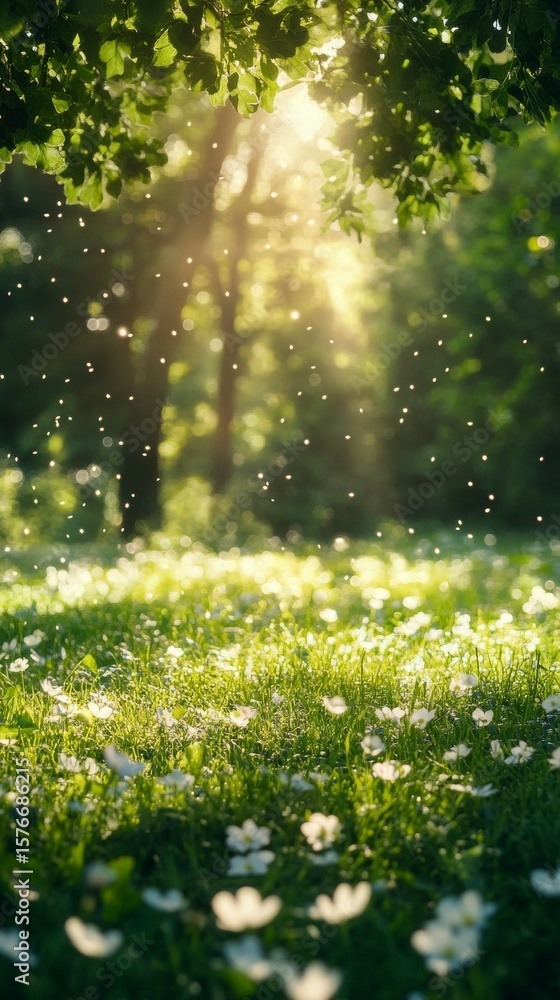 Obraz premium Blooming Meadow with Sunlight Streaming Through Trees in Spring