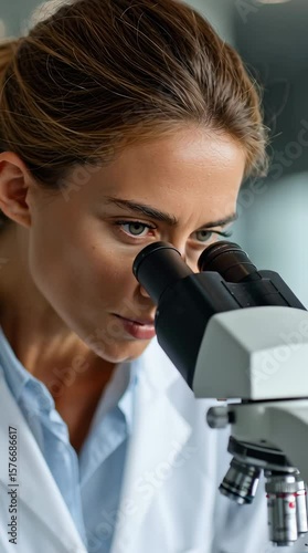 medium shot, young female scientist working with microscope, clean laboratory, lab coat and gloves, focused and intelligent