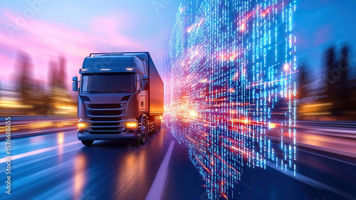Truck freight transportation digital technology data logistics speed innovation delivery modern highway motion network efficiency vehicle urban infrastructure connectivity future AI predictive