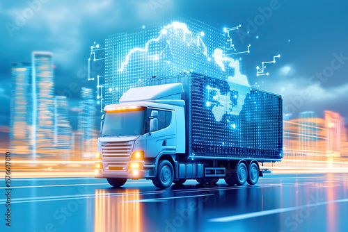 Modern truck driving through futuristic cityscape, showcasing advanced technology with digital elements and global map overlay. scene conveys innovation in logistics and transportation