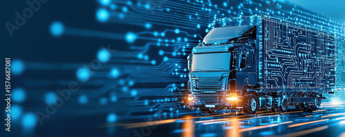 Futuristic truck with digital circuit design, symbolizing advanced technology in logistics and transportation. image conveys innovation and efficiency in shipping solutions