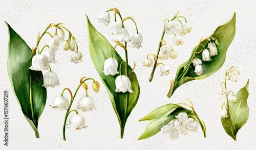 Watercolor painting of lily of the valley blossoms and leaves in various arrangements