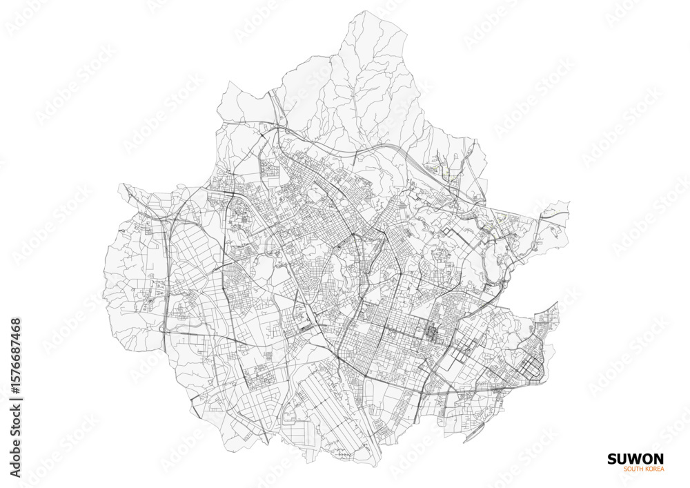 Fototapeta premium A monochrome vector map of Suwon, highlighting highways. 