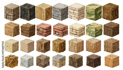 Fototapeta Naklejka Na Ścianę i Meble -  A collection of thirty-six isometric cubes showcasing diverse textures, including wood, stone, and brick variations, arranged in a grid pattern against a white background