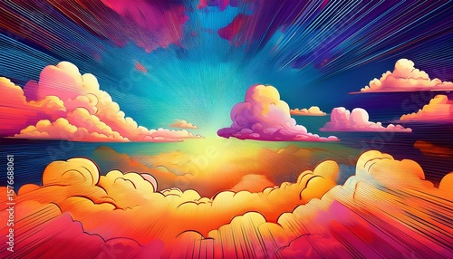 vivid comic book backround with colorful clouds