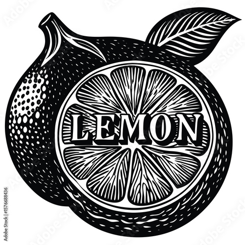 Black and white illustration of two lemons, one cut in half, showing the inside