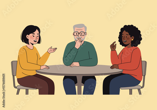 A diverse group of people, including an older man and two younger women, engaged in a thoughtful discussion at a round table illustration