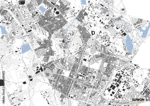 Detailed top-down map of Suwon, Korea. Shows urban fabric with dark grey buildings, light grey roads, and blue water bodies. Highlights dense city layout and infrastructure.