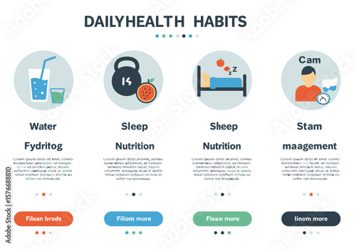 Healthy lifestyle concept infographic template with flat icons for daily habits like hydration, nutrition, sleep, and stress management.