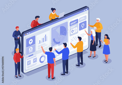 A diverse group of people collaborating around a large digital interface, analyzing data.