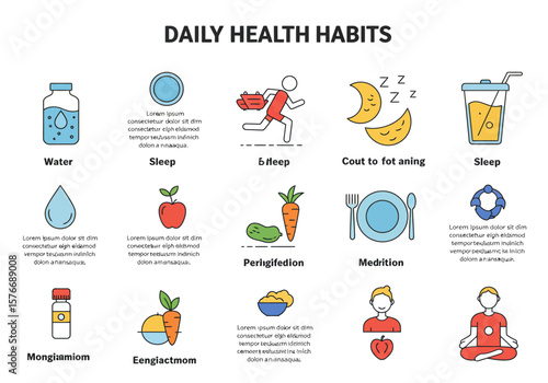 Healthy lifestyle concept with daily routine habits. Vector icons for nutrition, fitness, hydration, and proper rest.