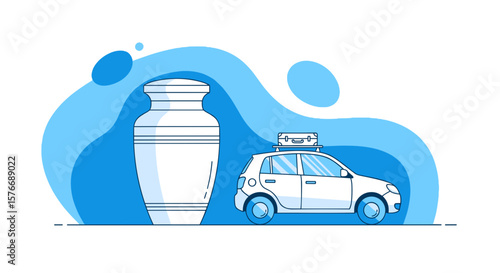 Cremation urn  beside car in minimalist vector style  