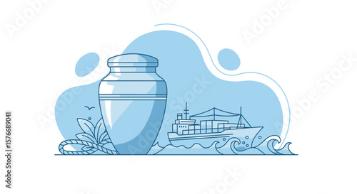 Ship delivery of cremation urn in blue illustration  