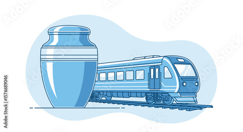 train transportation of cremation urn in light blue minimalist illustration  - infographic style