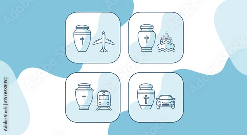 Icon symbols of cremation service with urns and transportation icons  