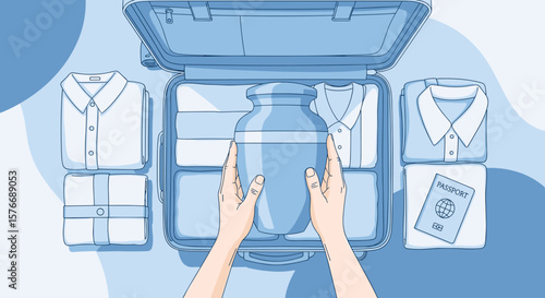Hands placing mortuary urn into open suitcase with clothing and passport  for the  transportation