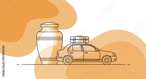 Car transportation of cremation urn infographic illustration. Car carrying cremation urn on roof luggage rack.  Simple graphic design showing car journey for funeral service.