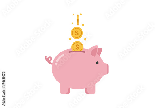 Illustration of golden dollar coins being deposited into a pink piggy bank. A concept for savings, investment, and financial planning.