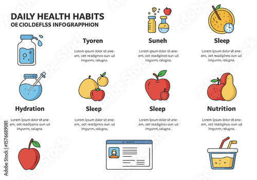 Infographic of daily health habits featuring a collection of colorful vector icons for a wellness lifestyle concept.