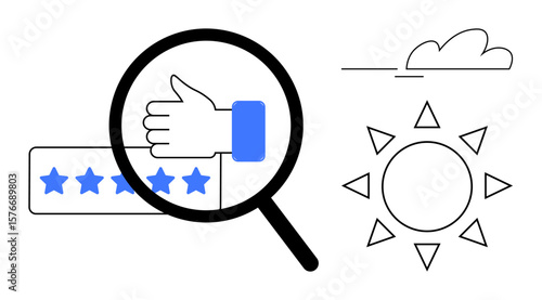 Magnifying glass focusing on thumbs up with five stars, sun, and cloud representing feedback, quality, optimism, and success. Ideal for evaluation, approval, rating motivation clarity