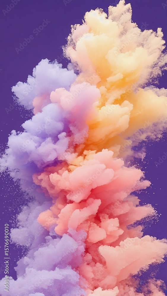 Fototapeta premium Colorful smoke explosion in shades of purple, pink, and orange against a deep violet background, creating a vibrant and dynamic visual effect for artistic and creative projects