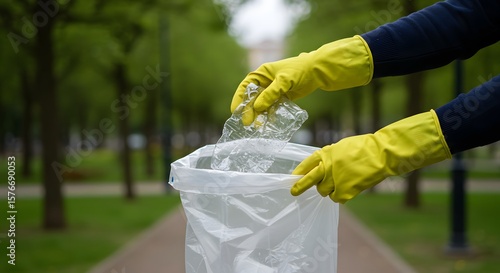 Hand picking up plastic bottles into trash bag. Copy space