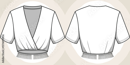 Women's Cropped Puff Sleeve Top CAD Drawing Flat Vector Fashion Illustration with Lace-Up Back.