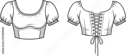 Women's Cropped Puff Sleeve Top CAD Drawing Flat Vector Fashion Illustration with Lace-Up Back.