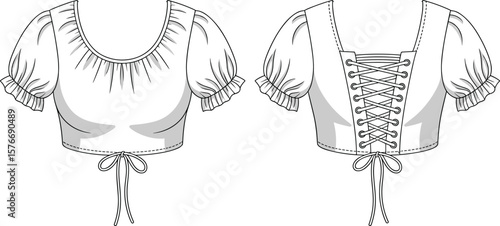 Women's Cropped Puff Sleeve Top CAD Drawing Flat Vector Fashion Illustration with Lace-Up Back.
